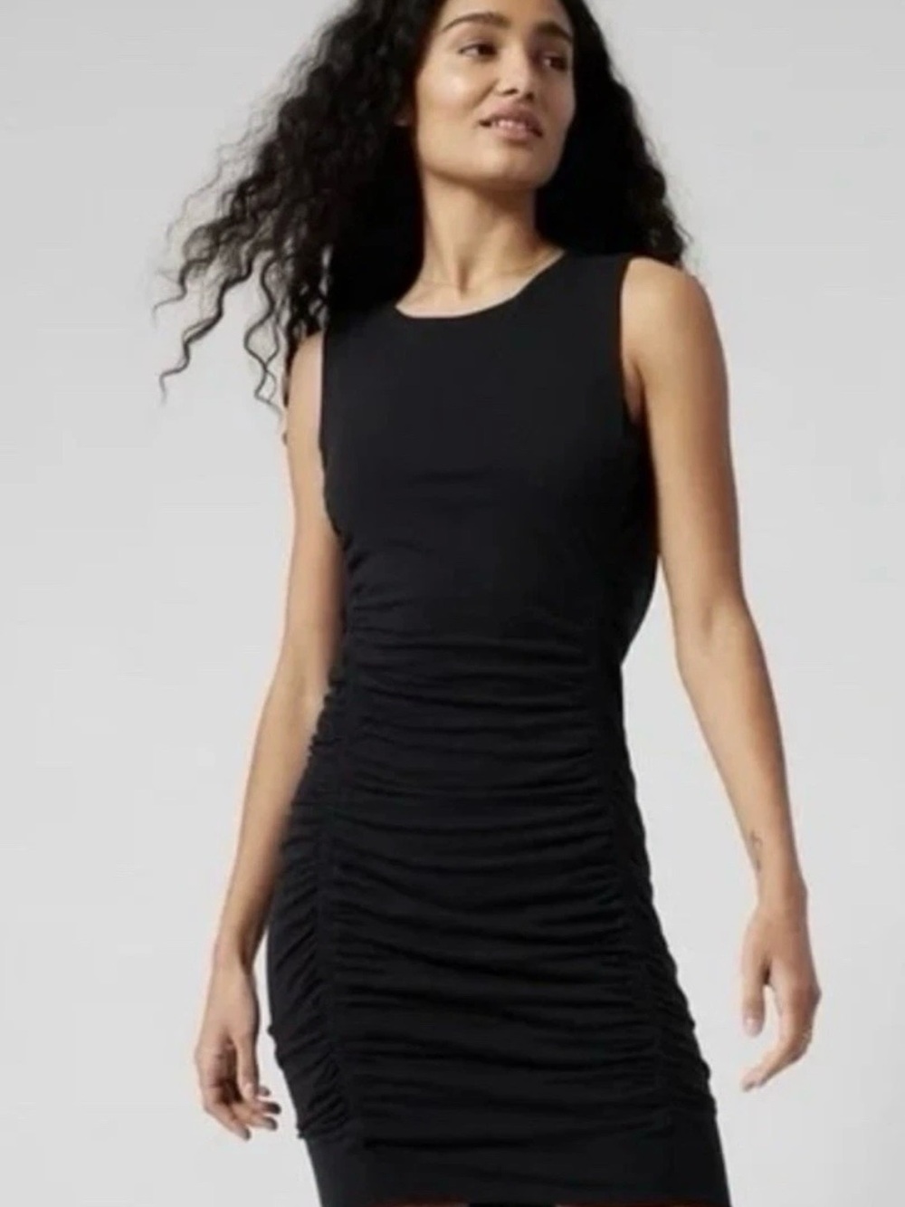 Athleta Black Sleeveless Ruched Mini Dress